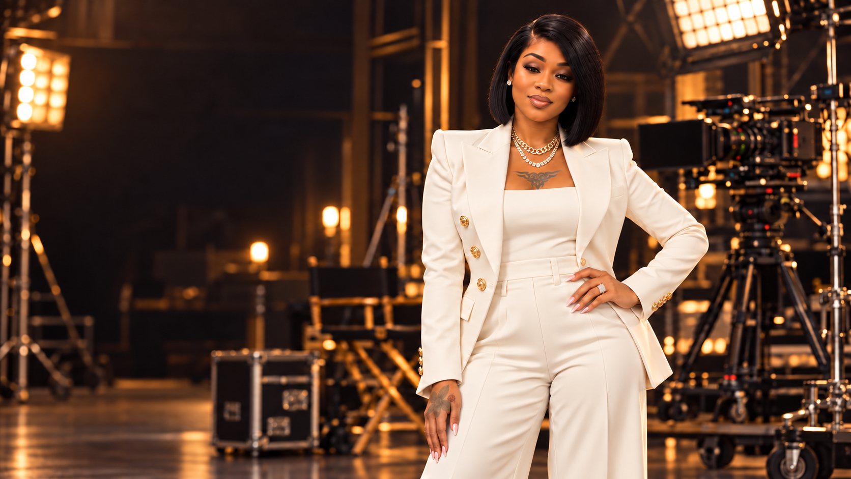 Dr. Akilah Lowery in an ivory suit on a film set, with studio lights and a camera behind her.