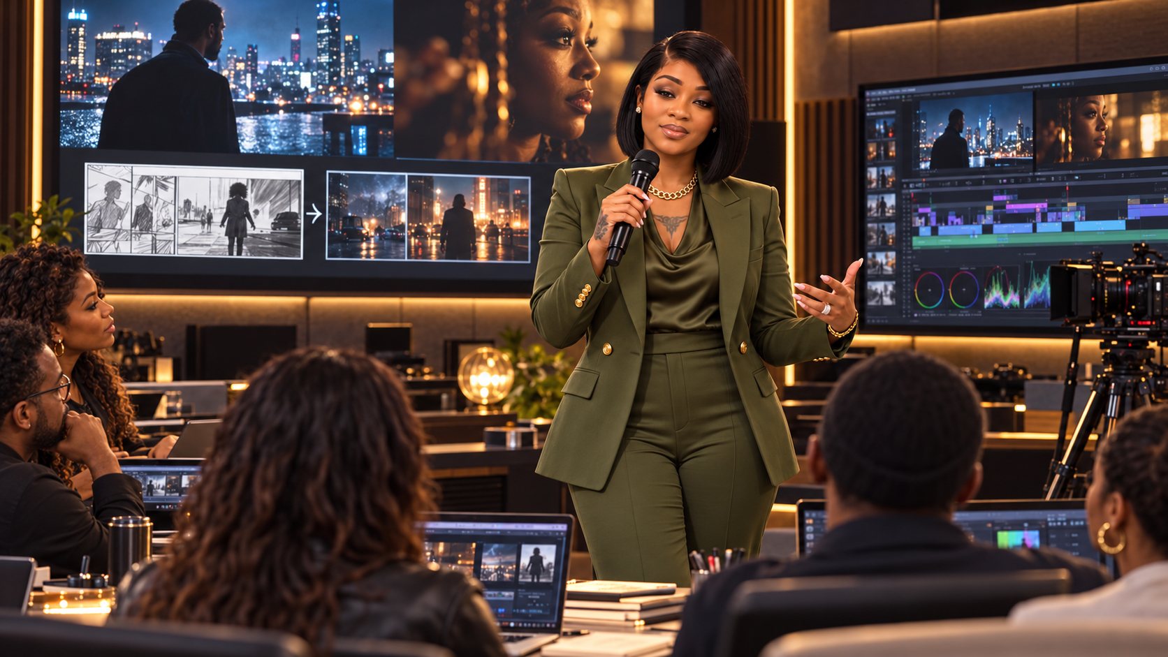 Dr. Akilah Lowery in an olive suit speaking in a studio, with editing screens and an audience.